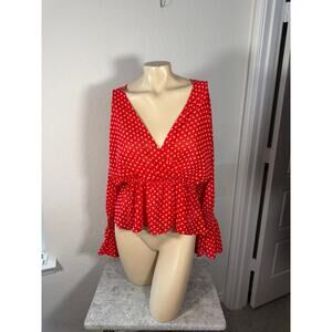 Waverly Grey Red Polka Dot Wrap Blouse Flared Sleeves XS EUC
